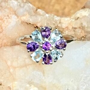 Blue topaz & amethyst cluster 925 sterling ring 9